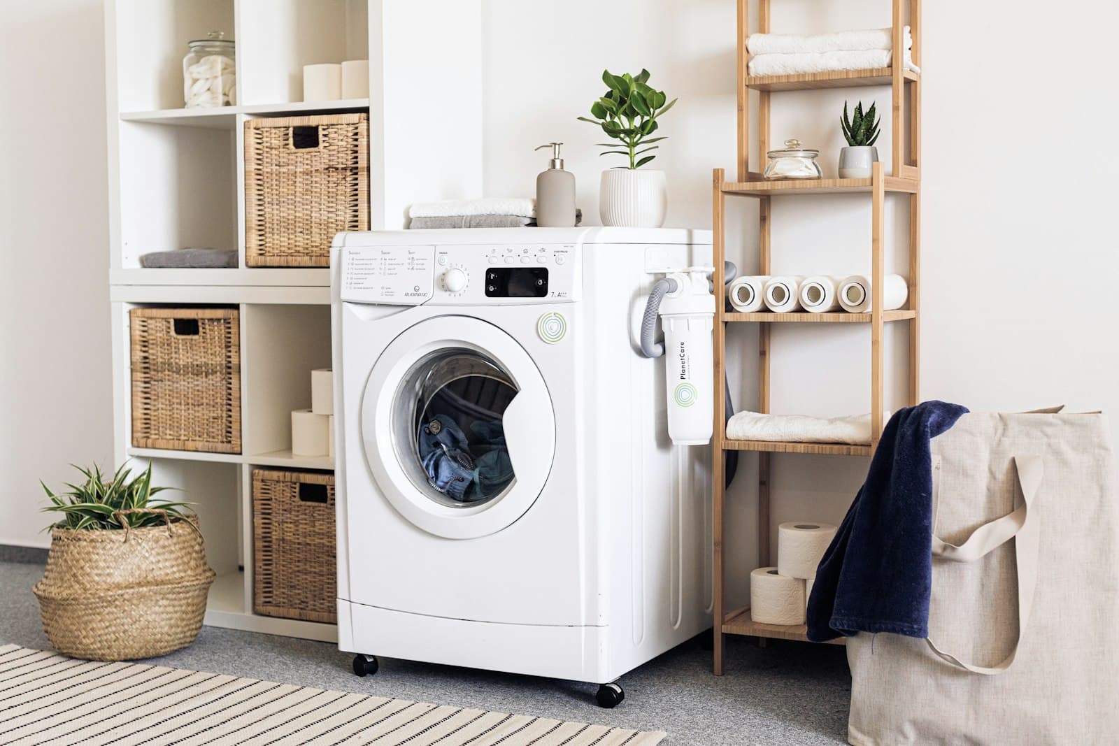 A clean, modern laundry room with a front-load washer